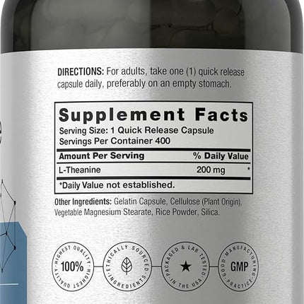 L Theanine 200mg | 400 Capsules | Value Size | Non-GMO, Gluten Free Supplement | by Horbaach