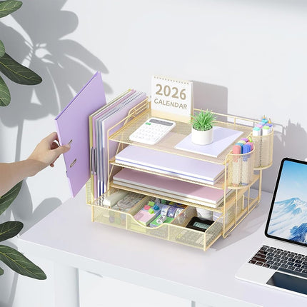 gianotter Paper Letter Tray Organizer with File Holder, 4-Tier Desk Accessories & Workspace Organizers with Drawer and 2 Pen Holder, Desk Organizers and Accessories for Office Supplies, 4T-2
