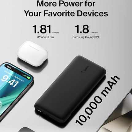 Belkin BOOSTCHARGE Portable Charger Power Bank 10000 mAh with Integrated Lightning (MFI) and USB-C Cables Plus USB-C Port, Compatible with iPhone 13, Pro, Pro Max, Mini, Galaxy S22, Ultra, Plus