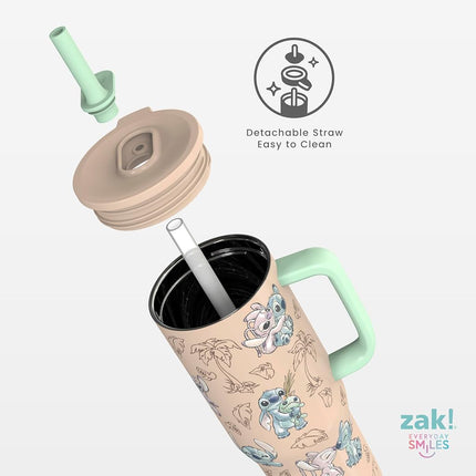 Zak Designs Disney Sutton Travel Tumbler for On The Go, 30oz Stainless Steel with Vacuum Insulation, Silicone Straw, and Carry Handle for Cold Drinks (Stitch, Angel)