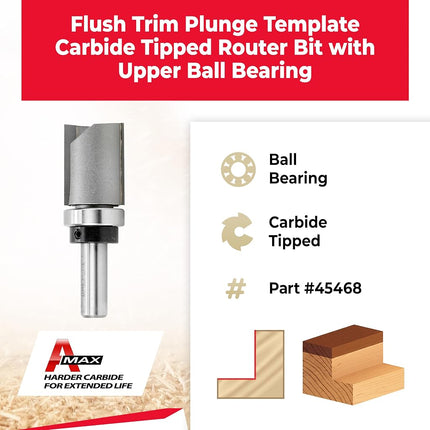 Amana Tool 45468 Carbide Tipped Flush Trim Plunge Template Router Bit 1-1/8 Dia x 1-1/2 x 1/2 Inch Shank with Upper Ball Bearing