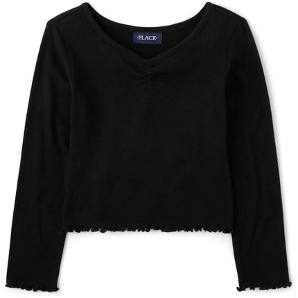 The Children's Place Girls' Basic Long Sleeve V-Neck Knit Shirts, Black, Small