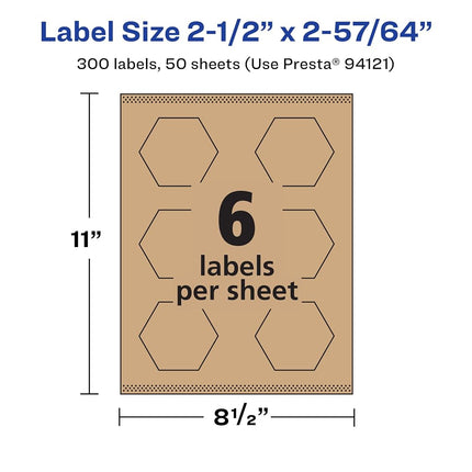 Avery Kraft Brown Hexagon Labels with Sure Feed, 2-1/2" x 2-57/64", 300 Kraft Brown Labels, Print-to-The-Edge, Laser/Inkjet Printable Labels