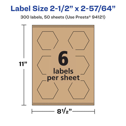 Avery Kraft Brown Hexagon Labels with Sure Feed, 2-1/2" x 2-57/64", 300 Kraft Brown Labels, Print-to-The-Edge, Laser/Inkjet Printable Labels
