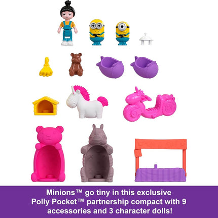Polly Pocket & Minions Playset with 1 Doll, 2 Minions Figures & Fluffy the Unicorn Toy, Collectible Compact with 9 Accessories, HWP09