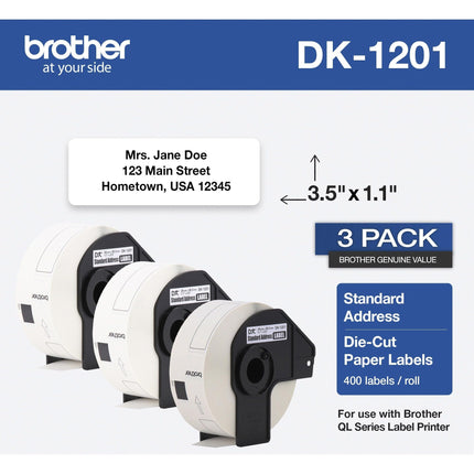 Brother Genuine DK-1201 Die-Cut Standard Address Labels – Long Lasting Reliability, Die-Cut Standard Address Paper Labels, 1.14” x 3.5” Individual Label Size, 400 Labels per Roll, (1) Roll per Box
