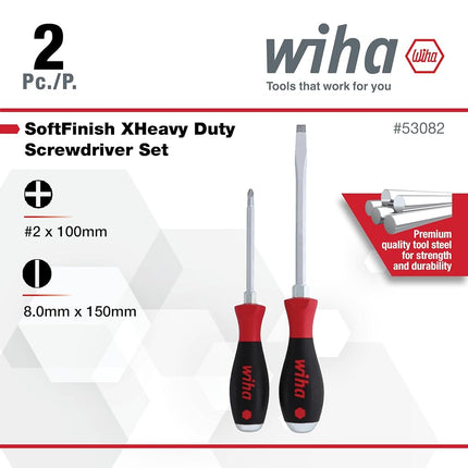 Wiha 53082 2 Piece SoftFinish XHeavy Duty Slotted and Phillips Screwdriver Set