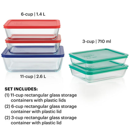 Pyrex Simply Store Rectangular Glass Food Containers – Durable Tempered Glass, Dishwasher Freezer Microwave Oven Safe – Multi-Coloured Lids, 10 Piece Set, 3, 6 and 11-Cup Capacity
