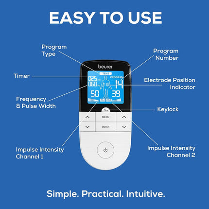 Beurer EM49 PainFree Digital TENS and EMS Machine | Drug-free natural pain relief | 3-in-1 pain relief, rehabilitation and massage | 70 training programmes | 2 channels | 4 self-adhesive electrodes