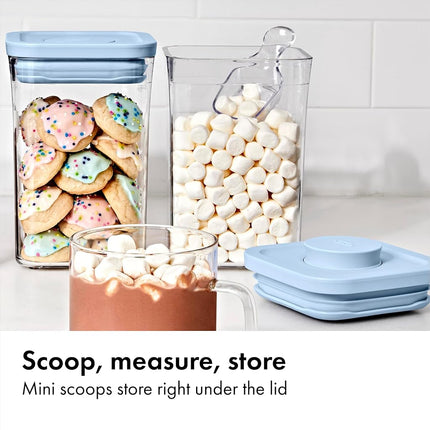 OXO Good Grips 3-Piece POP Container Set with Mini Scoops — Sky Blue, 1.1 Qt/1 L Capacity, Airtight Pop-Up Container with Push-Button Seal, Kitchen Storage Canisters for Cereal and Snacks