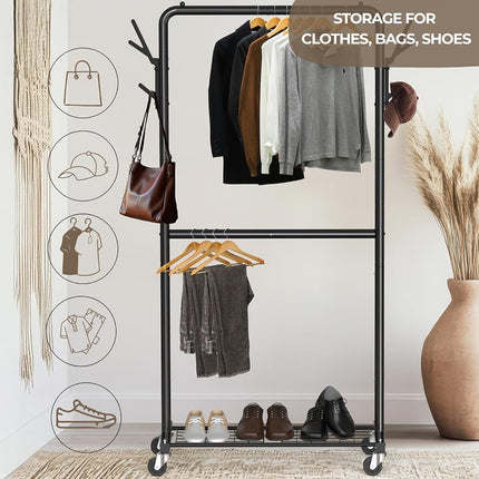 Simple Houseware 100-cm Double Rod Clothes Rack with Wheels, Hooks & Shelf