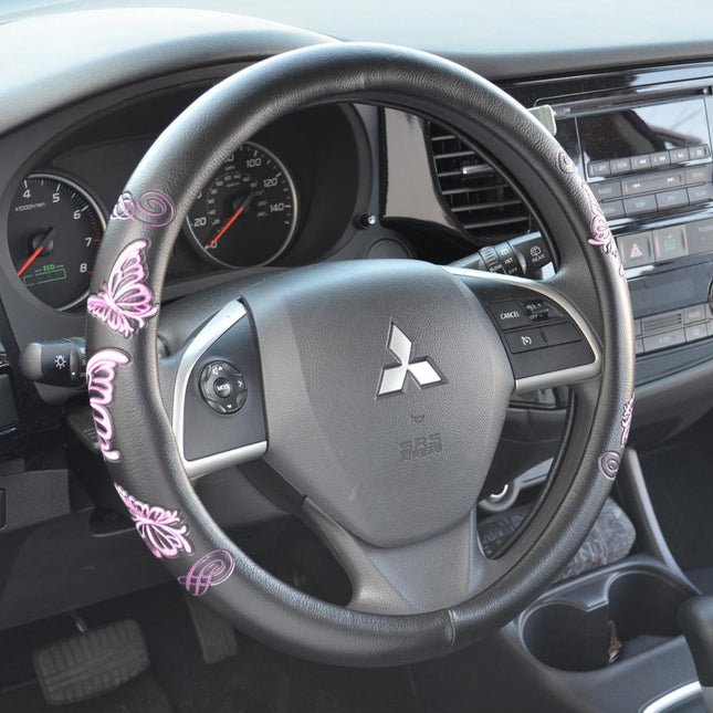 BDK Universal Fit Comfort Grip Steering Wheel Cover - (Pink Butterflies)