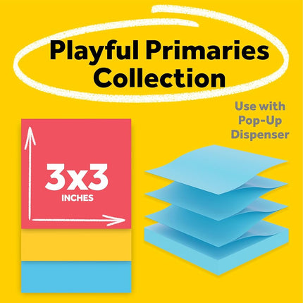 Post-it Super Sticky Dispenser Pop-up Notes, 10 Sticky Note Pads, 3 x 3 in., 2X The Sticking Power, New Year Organization or Second Semester School Supplies, Playful Primaries Collection