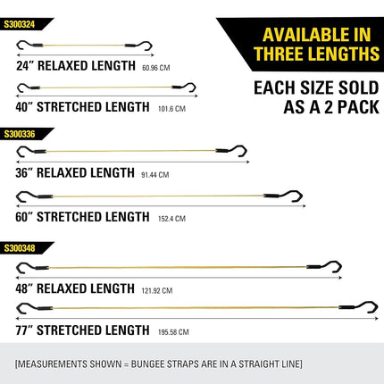 STANLEY S300324 Black/Yellow 24" Premium Flat Bungee Cord Straps, 2 Pack