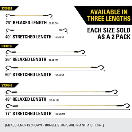 STANLEY S300324 Black/Yellow 24" Premium Flat Bungee Cord Straps, 2 Pack
