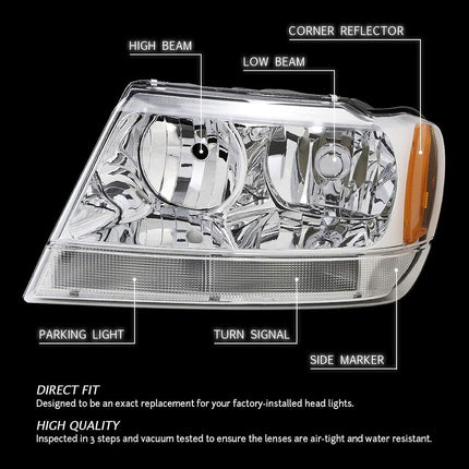 DNA Motoring HL-OH-JGC99-BK-AM Black Amber Headlights Assembly Replacement Compatible with 99-04 Jeep Grand Cherokee