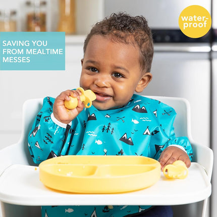 Bumkins Sleeved Bib, Handy Tie Closure for Custom Fit, Catch-All Pocket, Baby-Led Weaning, Waterproof, Machine Washable, Stain & Odour Resistant, BPA Free, 6-24 Months, Outdoor Design