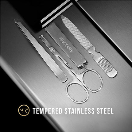 MANSCAPED Shears 2.0 Tempered Stainless Steel Men's Nail Kit, Fingernail Clippers, Safety Scissors, Tweezers and Nail File, Travel Manicure Pedicure Set, 4-Piece Luxury Grooming Kit with Compact Case