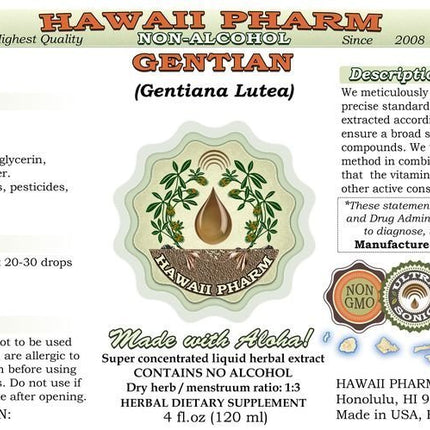 Hawaii Pharm Gentian Alcohol-Free Liquid Extract, Gentian (Gentiana Lutea) Dried Root Glycerite Natural Herbal Supplement 2 oz