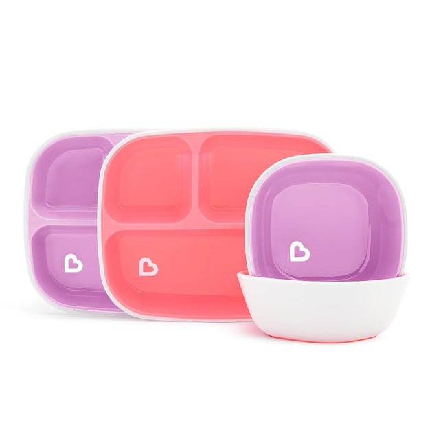 Munchkin Splash Kids Plates and Bowls Set, Set of 4, Pink/Purple