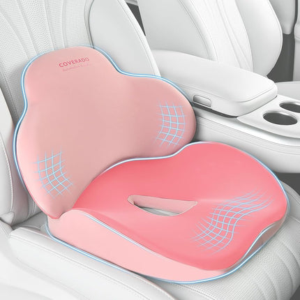 Coverado Seat Cushion and Lumbar Support Pillow for Car Office Chair, Ergonomic Memory Foam Desk Chair Cushion Back Support Pillow, Sciatica & Back & Tailbone Pain Relief Cushion-Pink