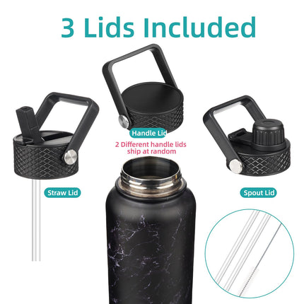 Konokyo 40oz Insulated Water Bottle Sport Stainless Steel Water Bottles with 3 Lids,Marble Midnight