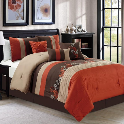 Chezmoi Collection Napa 7-Piece Luxury Autumn Leaves Scroll Embroidery Bedding Comforter Set (Queen, Rust Orange/Brown/Taupe)