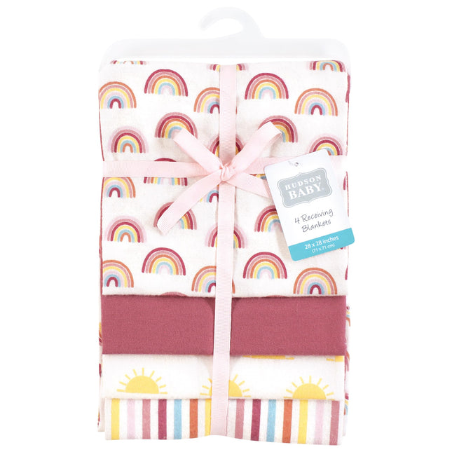 Hudson Baby Unisex Baby Cotton Rich Flannel Receiving Blankets 4-Pack, Sunshine and Rainbows, One Size