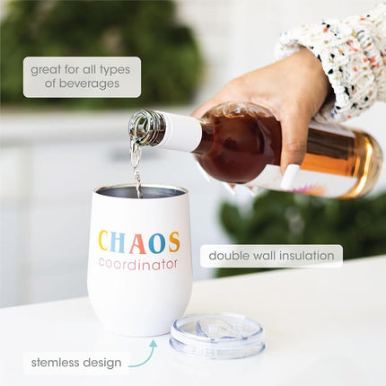 Pearhead “Chaos Coordinator” Wine Tumbler for Mom, 12 oz Insulated Stainless Steel Tumbler with Lid, Funny Mom Gift, Travel Coffee Mug for Women, Mother’s Day Gift, Stemless Wine Cup
