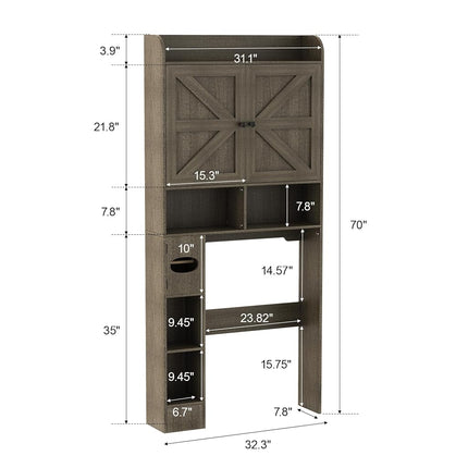 Vipbear Freestanding Wooden Over The Toilet Storage Cabinet with 2 Barn Doors, Toilet Paper Holder, Anti-Tip Device & Adjustable Shelf, Ideal for Bathroom, Restroom & Laundry