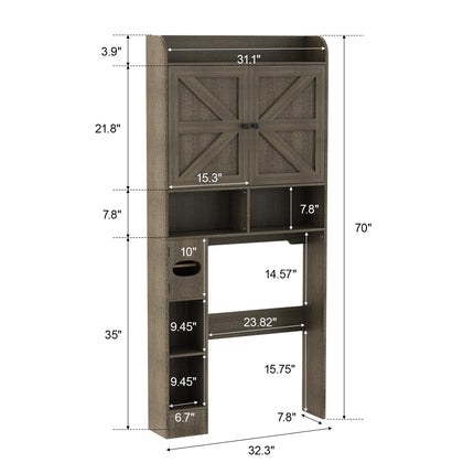 Vipbear Freestanding Wooden Over The Toilet Storage Cabinet with 2 Barn Doors, Toilet Paper Holder, Anti-Tip Device & Adjustable Shelf, Ideal for Bathroom, Restroom & Laundry