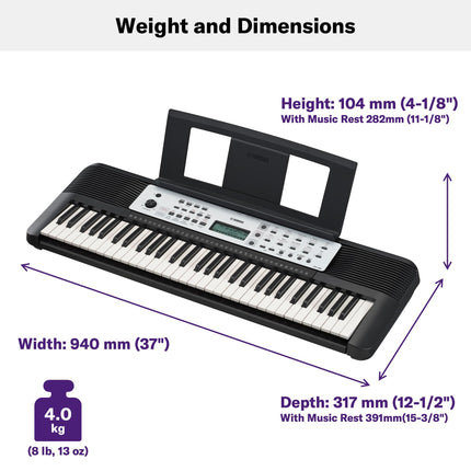 Teclado portátil Yamaha YPT-280 para principiantes con atril, adaptador de corriente