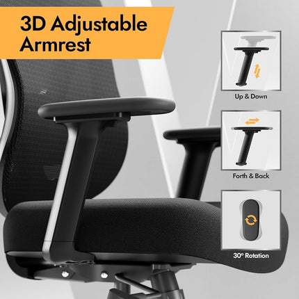 HOLLUDLE Ergonomic Mesh Office Chair - 3D Adjustable Lumbar Support, 3D Armrests, V-Shaped Back | Adjustable Desk Chair for Office & Home, Black