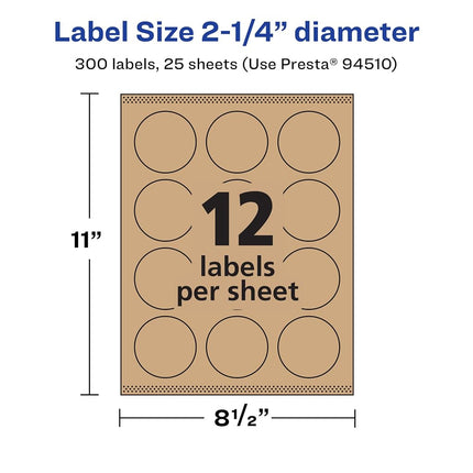 Avery Kraft Brown Round Labels with Sure Feed, 2.25" Diameter, 300 Kraft Brown Labels, Print-to-The-Edge, Laser/Inkjet Printable Labels