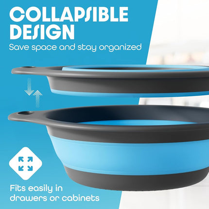Gevoli Collapsible Colander Food Strainer with Over-Sink Self Draining Base for Pasta Fruits and Vegetables, Round Foldable Draining Basket Grey/Blue
