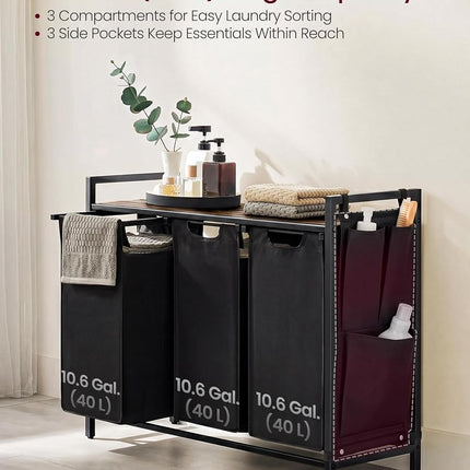 VASAGLE Laundry Hamper, Laundry Basket, Laundry Sorter with 3 Pull-Out and Removable Bags, Shelf, Metal Frame, 3 x 10 Gallons (38L), 36.4 x 13 x 28.4 Inches, Rustic Brown and Black UBLH301B01