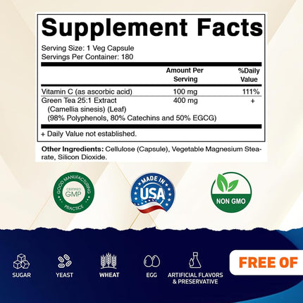 Vitamatic Green Tea Extract with Vitamin C, 25X Concentrate, 98% Polyphenols, 80% Catechins, 50% EGCG, 180 Vegetable Capsules