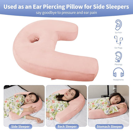 Nockovi 4" Hole Piercing Pillow for Side Sleepers (Pillow with Pink Velvet Pillowcase, J-Shape)