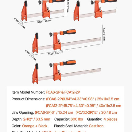 VEVOR Bar Clamps for Woodworking, 2-Pack 15.24 cm and 2-Pack 30.48 cm, Lockable F-Clamp with 272 kg Load Limit, 63.5 mm Depth, Cast Iron and Carbon Steel, Wood Clamps for Woodworking Metal Working