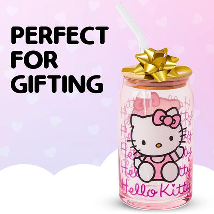 Silver Buffalo Hello Kitty Glass Jar Tumbler with Bamboo Lid, 16oz