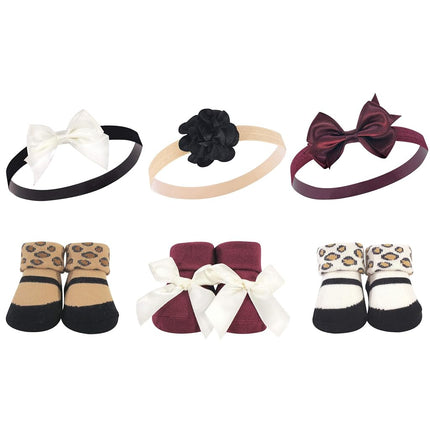 Hudson Baby Baby Girls' Headband and Socks Gift Set, Burgundy Leopard 6-Pack, 1 Count (Pack of 6)