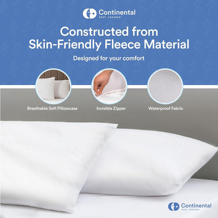 Continental Bedding Feather Proof, Waterproof and Down Proof Zippered Fleece Pillow Protectors Plush Comfort for Enhanced Sleep Quality King Size 20" x 36" Set of 2