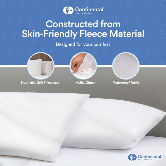 Continental Bedding Feather Proof, Waterproof and Down Proof Zippered Fleece Pillow Protectors Plush Comfort for Enhanced Sleep Quality King Size 20" x 36" Set of 2