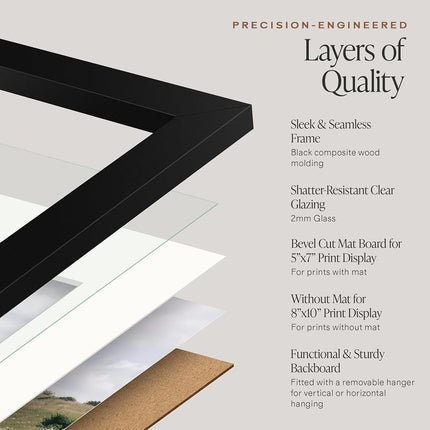 Americanflat 10x8 Photo Frames in Black - Set of 2 - Use as 7x5 Photo Frames with Mount or 8x10 Frames Without Mount - Horizontal and Vertical Formats for Wall and Tabletop