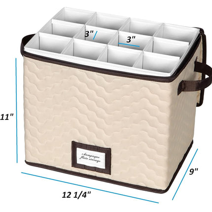 Champagne Flute Storage Box - Organizer Chest Holds 12 Stemware Glasses - Durable Microfiber Container Bin with Dividers and Carry Handles - Protects Flutes, Crystal Glass, Wine Glasses and Fine China