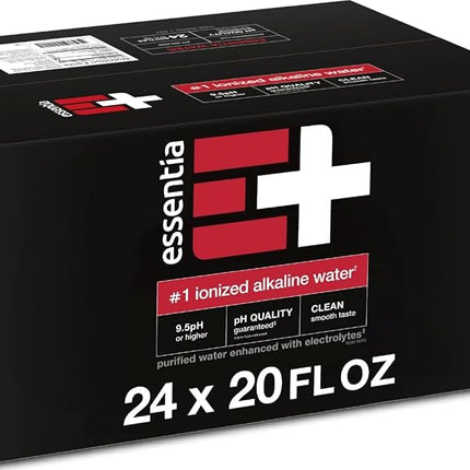 Agua Essentia; botella de 20 oz; agua embotellada alcalina ionizada; con electrolitos añadidos para un sabor suave; pH 9.5 o superior; H2O 99.9% puro, excepcional para los que hacen y creen