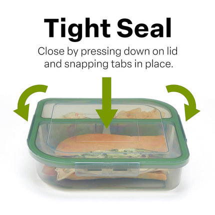 MyGo Container Large To-Go 3-Compartment Food Container, 9-3/8" X 9-3/8" X 2-1/2", Reusable, Microwave Safe, NSF Certified, Smoke/Green