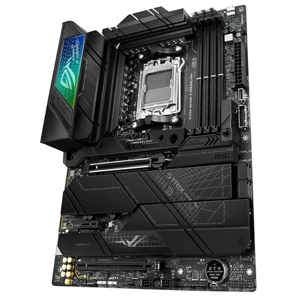 ASUS ROG Strix X670E-F Gaming WiFi AMD Ryzen AM5 ATX motherboard, 16 + 2 power stages, DDR5 support, four M.2 slots with heatsinks, USB 3.2 Gen 2x2, PCIe 5.0, WiFi 6E, AI Cooling II, and Aura Sync