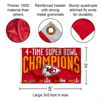 Drapeau des Chiefs de Kansas City, 4 fois champions du Super Bowl, pour extérieur et intérieur, bannière de 3x5 pieds