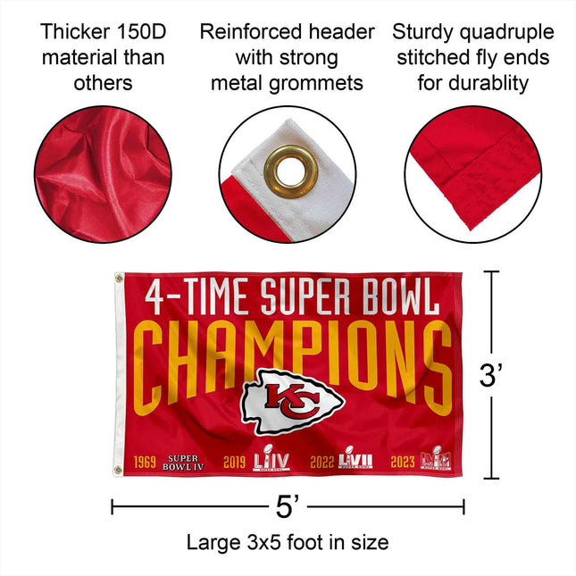 Drapeau des Chiefs de Kansas City, 4 fois champions du Super Bowl, pour extérieur et intérieur, bannière de 3x5 pieds